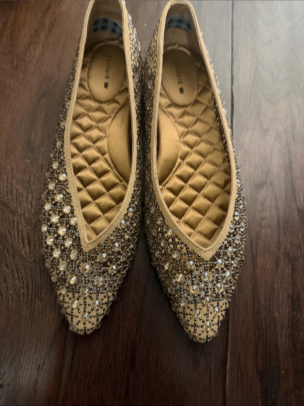 Birdies Gold Crystal-Embellished Pointed Ballet Flat